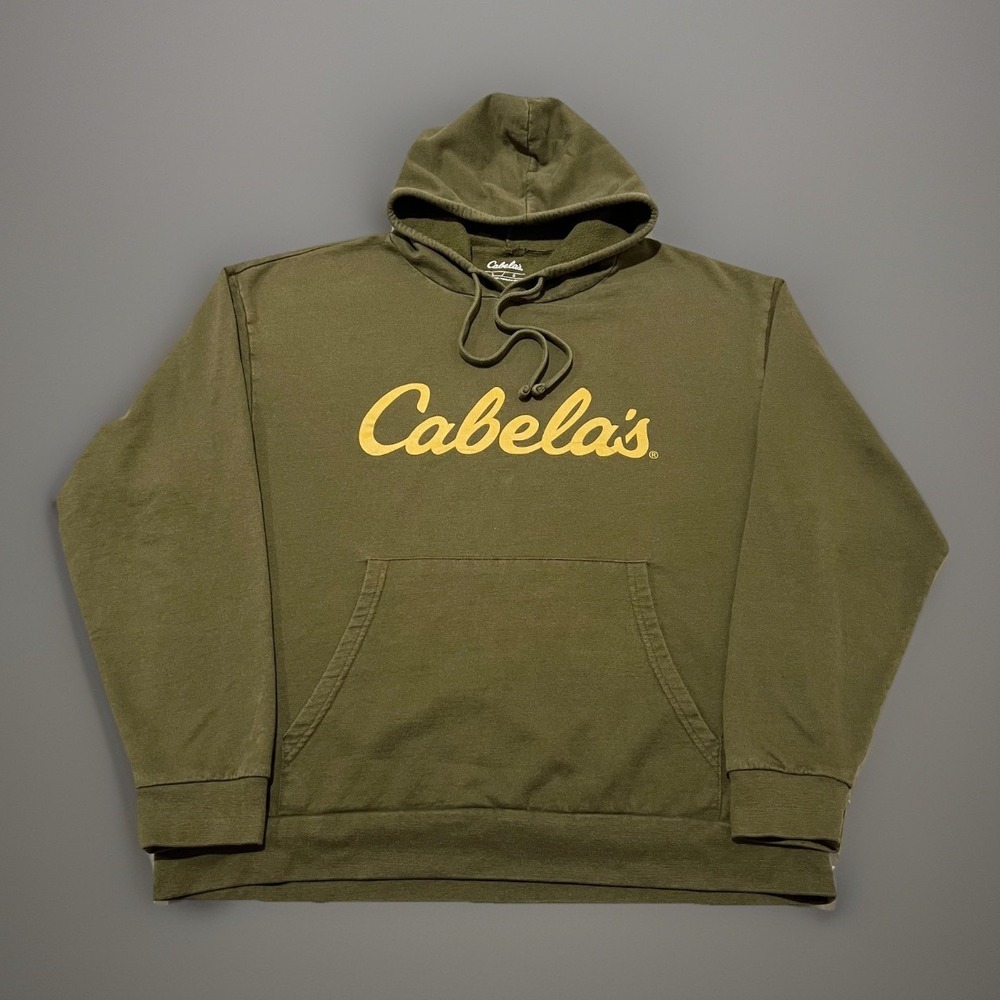Cabelas Mens Olive Green Script Logo Outdoor Cozy Streetwear Pullover Hoodie L
